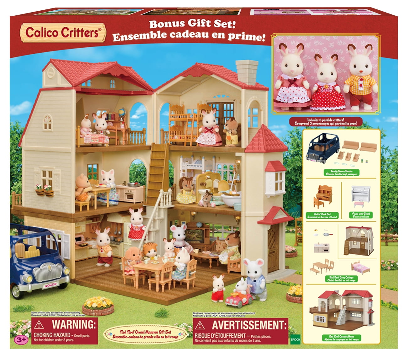 Calico Critters Red Roof Grand Mansion Gift Set, Dollhouse Playset with 3 Figures, Furniture, Vehicle and Accessories