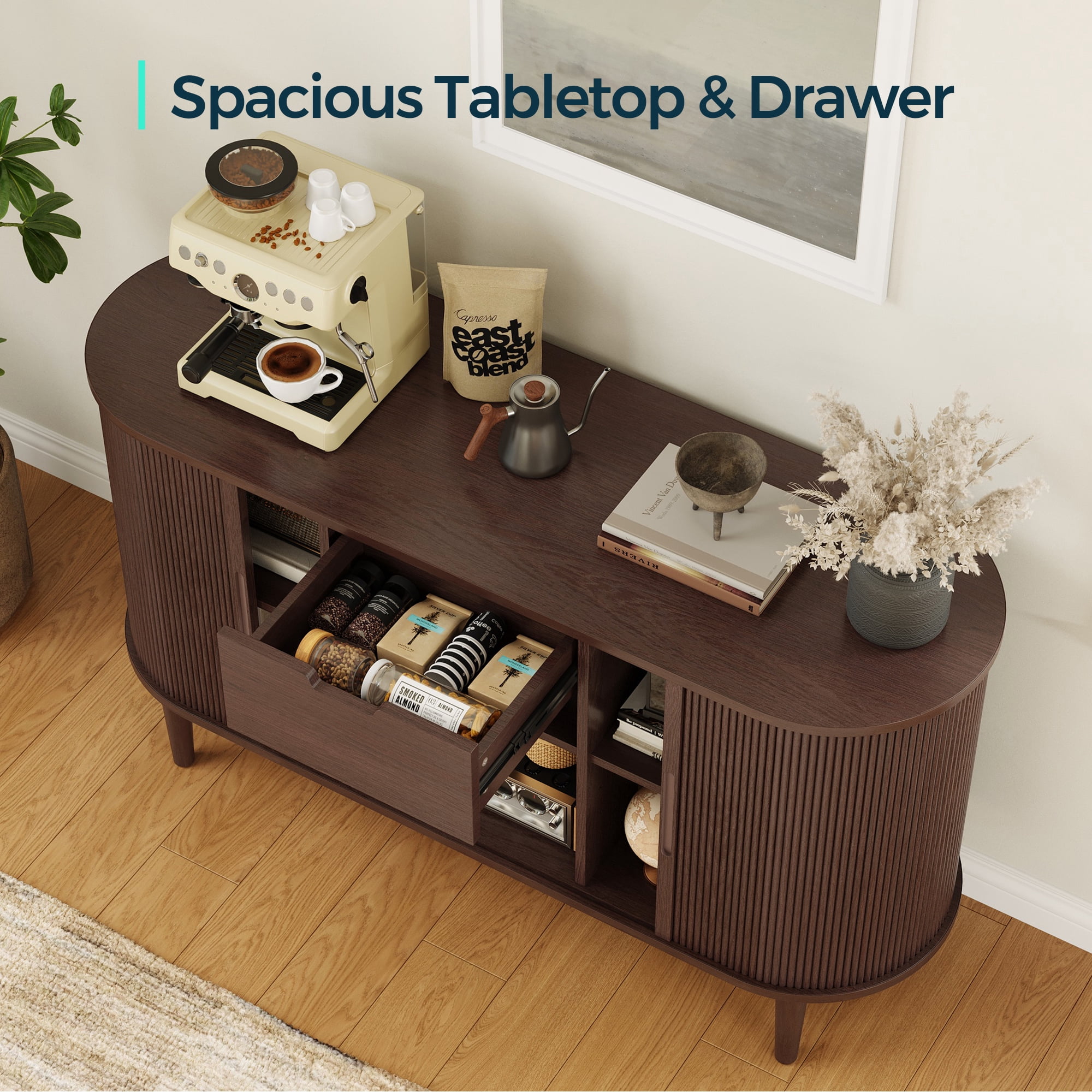 LINSY HOME Fluted Pantry Storage Cabinet, Kitchen Cabinets with Sliding Tambour Door, Wide Storage Cabinet with Removable & Adjustable Shelves for Dining Room, Living Room, Bathroom, Walnut