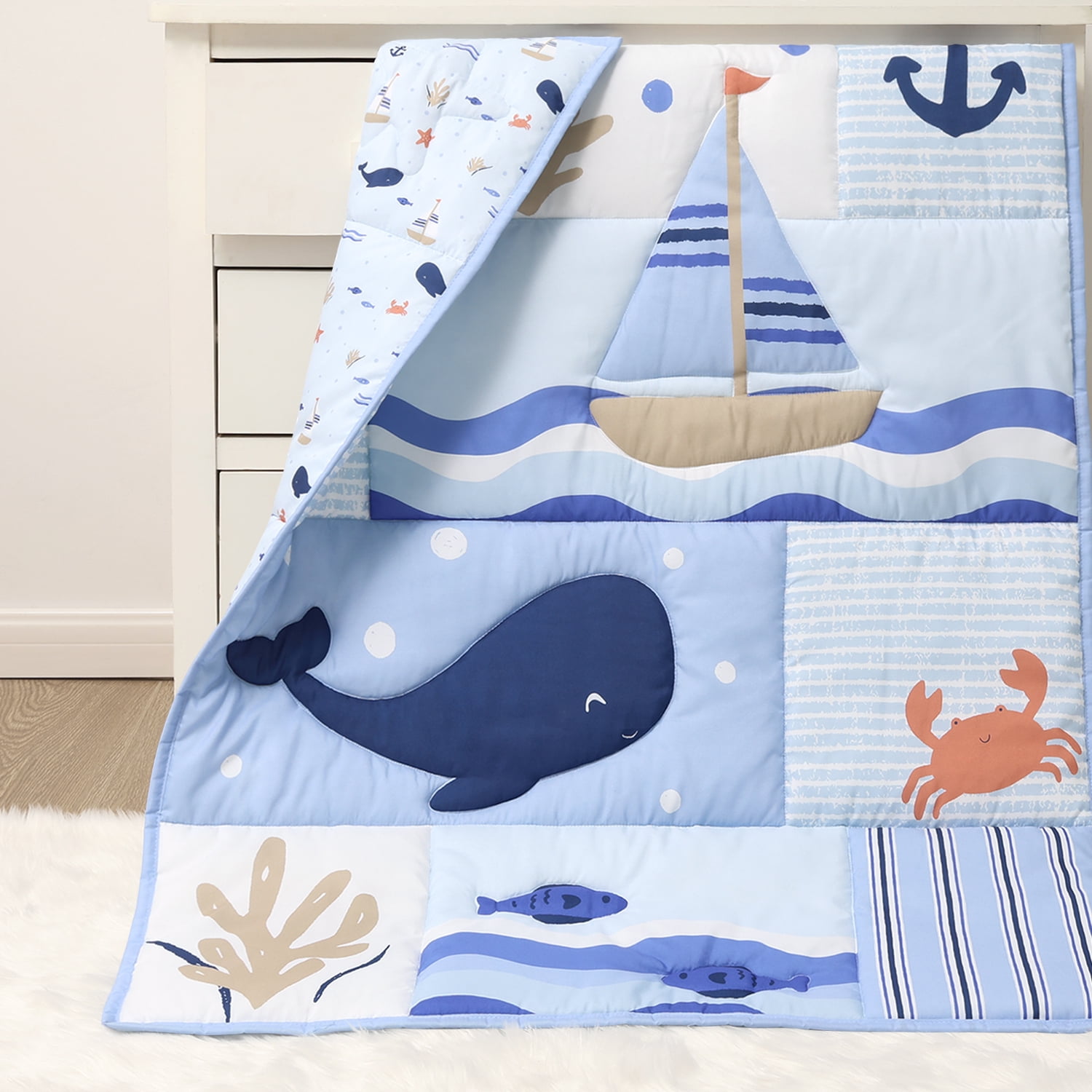 The Peanutshell Nautical Patch 3-Piece Baby Crib Bedding Set with Quilt Blanket, Crib Sheet, and Skirt
