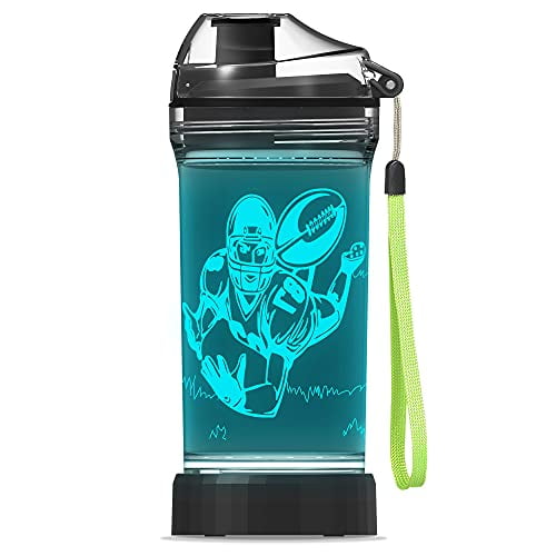 Light Up Kids Water Bottle with Football Pattern, Color Changing LED Football 14 OZ Tritan BPA Free Eco-Friendly - Glow in the Dark Drink Cup Gift for