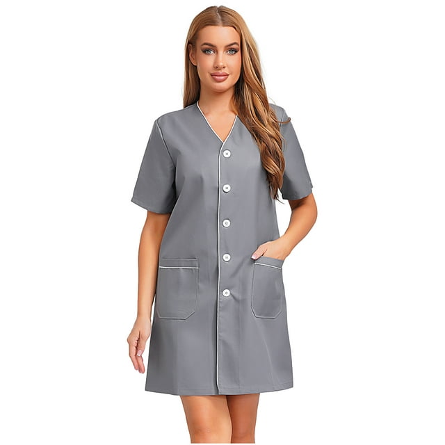 Yhong Womens Short Sleeve V Neck Work Dress Button Front Pockets Knee Length For Beauty Salon Gray XXL