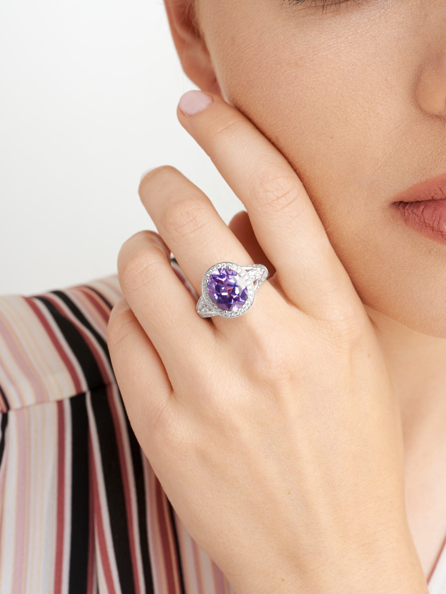 Sterling Silver Platinum Plated Created Alexandrite oval Halo Ring