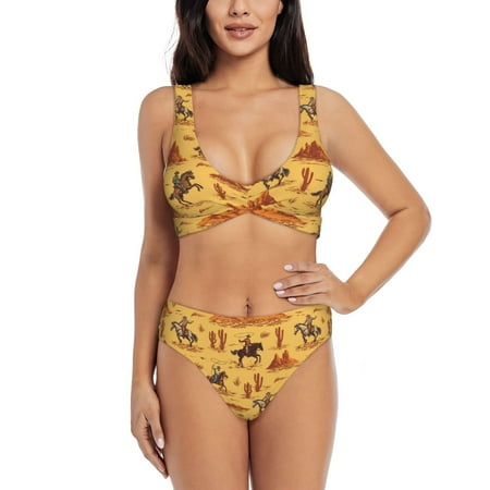 Zeuib Brave Cowboys High Waisted Tummy Control Bikini Set - Knot Front Push Up Top & Cheeky Thong Bottom  Two-Piece Swimsuit for Women-Medium