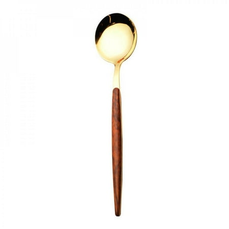 

Big promotion!!Retro Wooden Handle Stainless Steel Dinnerware Gold-Plateing Elegant Western Food Fork Spoon Tableware