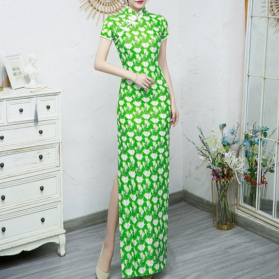 Women's Green Vintage Floral Qipao Dress - Bridal/Cheongsam Summer Maxi Evening Gown with Short Sleeves & Slit for Wedding Guest, Garden Party, Cultural Events & Formal Occasions