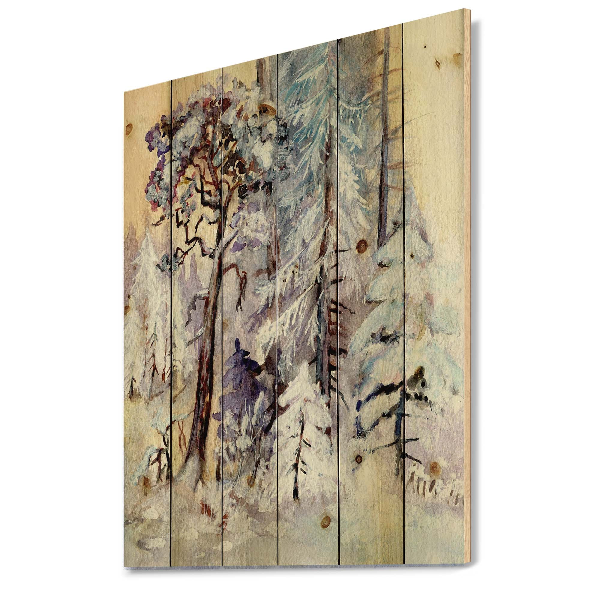 Designart 'The Lake With Winter Snowy Forest' Lake House Print on Natural Pine Wood