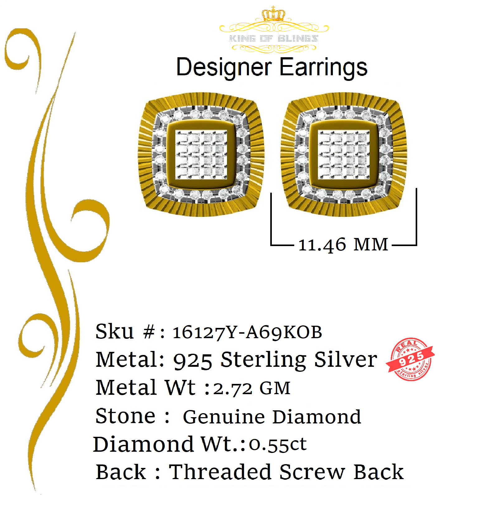 King of Bling's 0.55ct Diamond 925 Sterling Silver Hip Hop Yellow Stud Earring For Men / Women