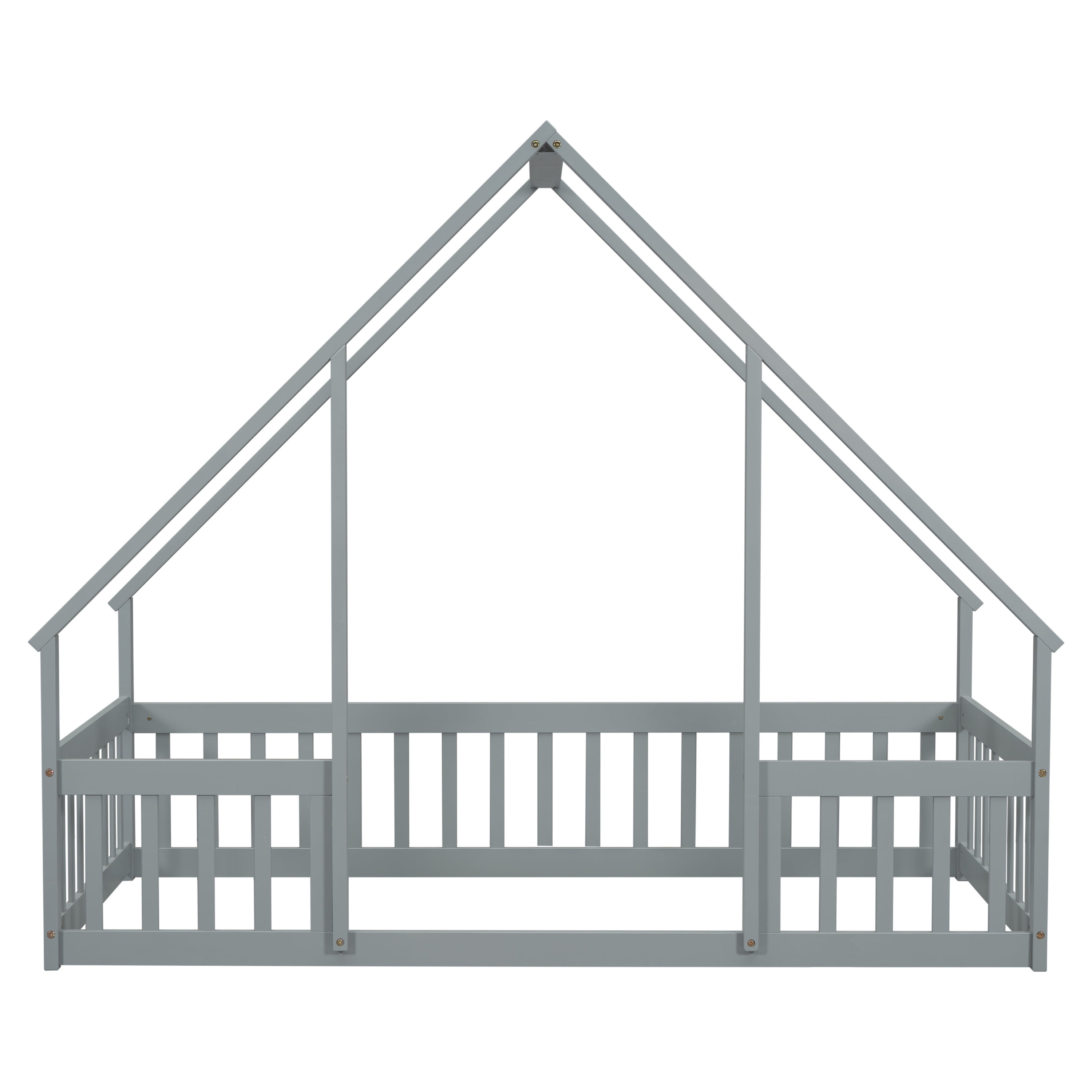 Bellemave Twin Size Floor Bed Frame, Wooden House Bed Twin Size with Fence, Montessori Bed with Guardrails for Bedroom(Gray)