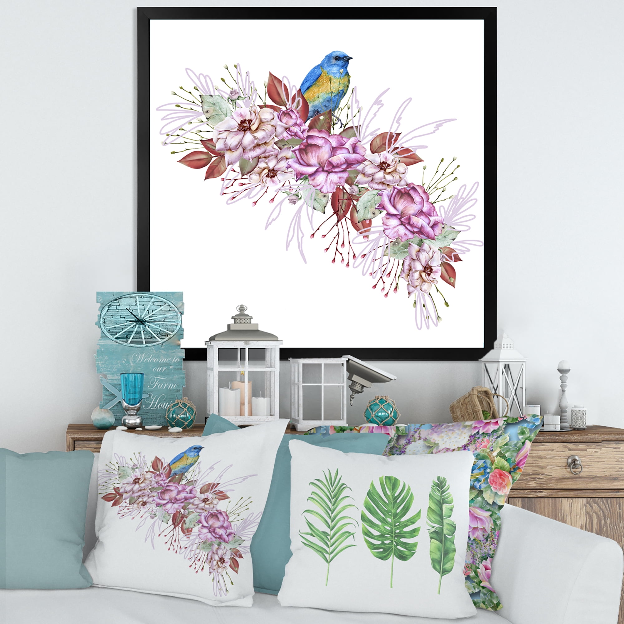 Designart 'Little Blue Bird Sitting On Colorful Boquet of Flowers' Traditional Framed Art Print