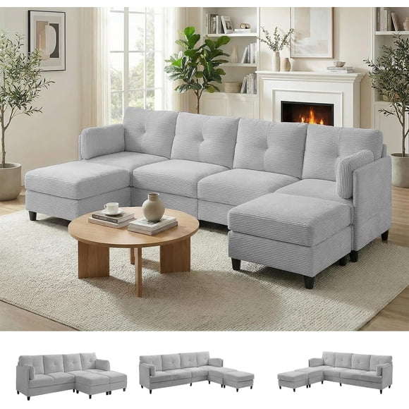Puremind U Shaped Sectional Sofa, Corduroy Modular Sectional Couch with 2 Movable Ottomans for Living Room/Apartment, Light Gray