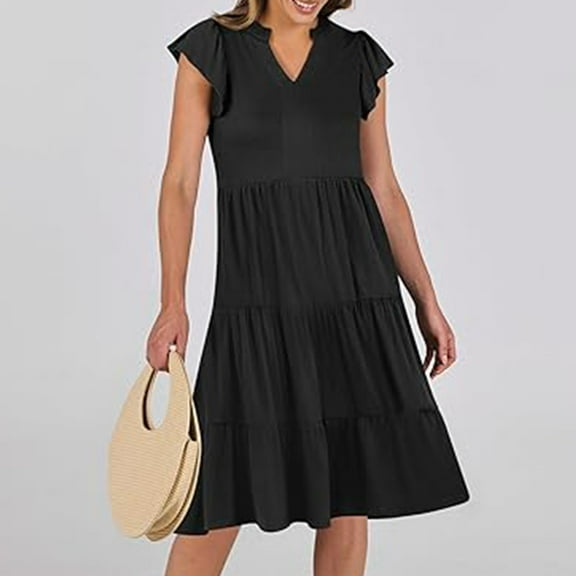 Cagogo Women's Summer Spring Plus Size Flowy Short Mini Sundresses Cap Sleeve Tiered Flowy Swing Aline Graduation Dresses V Neck Pockets Going Out White Dresses Clothes