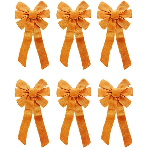Black Duck Brand Set of 6 Orange Burlap Bows - Rustic Themed - Measures 9.5" W x 20" L - Burlap Ribbon Bows - Holiday Decorations