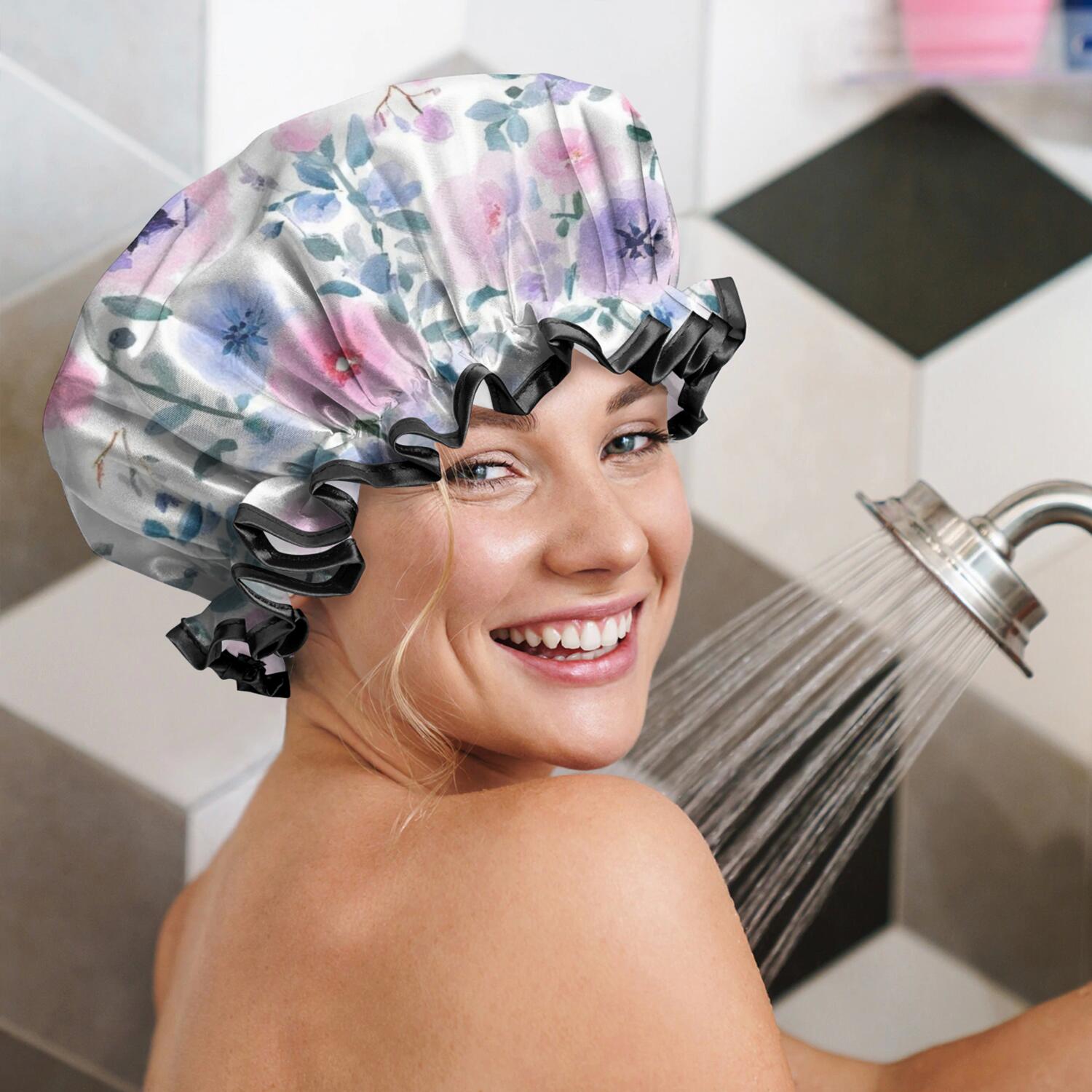 Shower Caps,Pioneer Flower Floral Print Pattern Waterproof Shower Cap for Women 4 Pieces,Double Reusable Hair Cover for Shower PEVA Elastic Stretch Hem