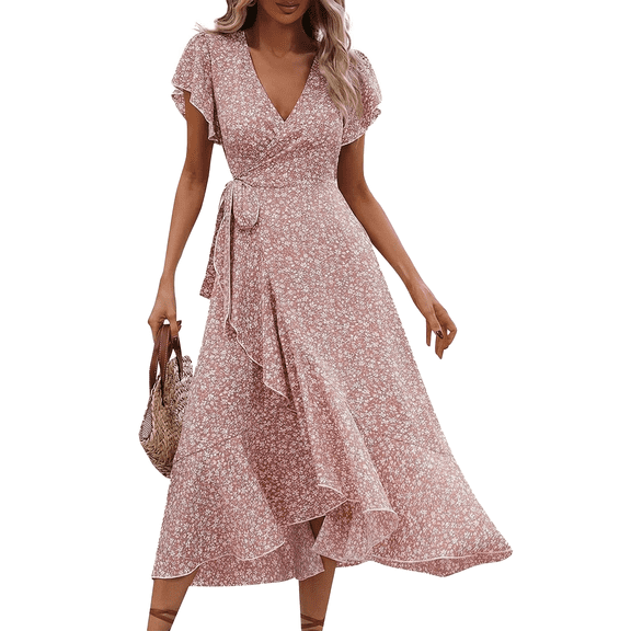 MLDRA Dress for Women Flower Floral Wedding Guest Dress V Neck Wrap Ruffle Sleeve Beach Skirt Casual 2026 Summer Pink
