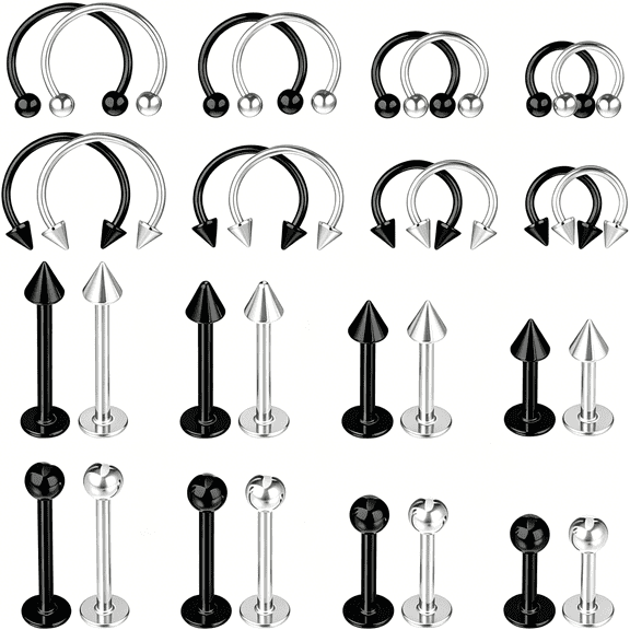 DESIGNICE 32Pcs Lip Rings for Women 16G Stainless Steel Horseshoe Labret Studs Monroe Lip Barbell Ring Snake Bite Piercing Jewelry Helix Earring Daith Tragus Cartilage Surgical Steel Jewelry