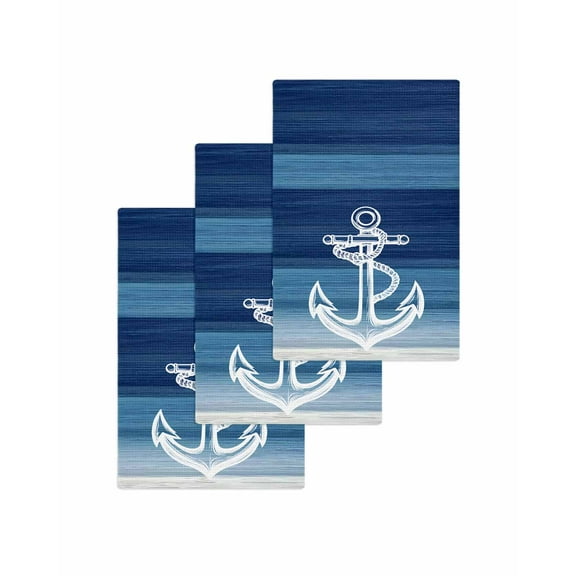 Nautical Anchor Navy Blue Kitchen Dish Towels for Drying Dishes Set of 3, Coastal Ocean Ombre Striped Waffle Weave Microfiber Terry Hand Tea Bathroom Towels Quick Dry & Absorbent Towel 15.7x23.6