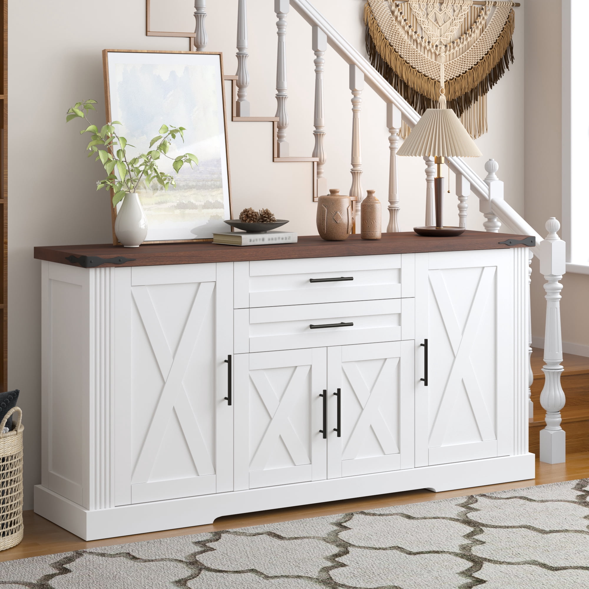 Mintazer 63" Farmhouse Sideboard Buffet Cabinet with 2 Drawers & Door Rack, Modern Storage Cabinet with Adjustable Shelves for Entryway Kitchen Living Room Dining Room, White