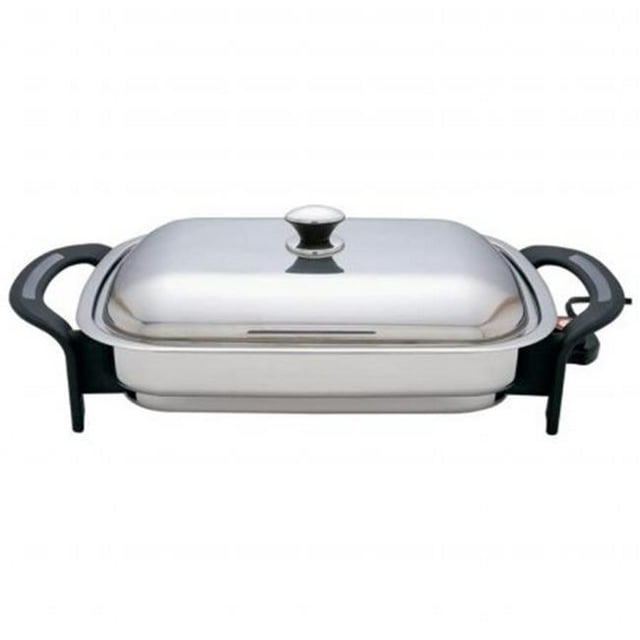 Countdown-To-Cook 16 in. Rectangle Electric Skillet with Stainless Steel Cover - Adjustable Temperature Control, Non-Slip Feet