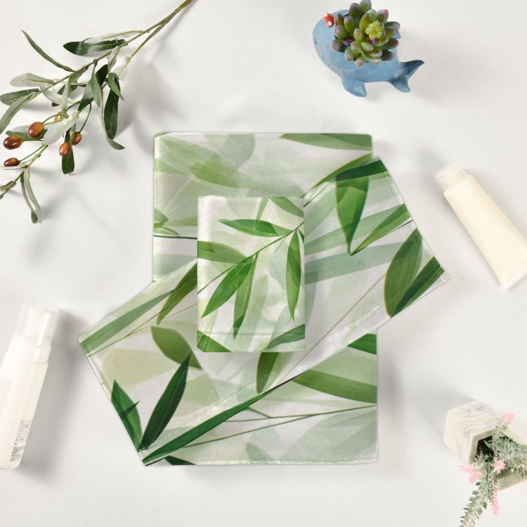 Three-Piece Towel Set Face Towel Towel Set Hand Towel Bath Towel Cotton Bath Towels Bath Towel Sets Hand Bath Towels Green Bamboo Leaves