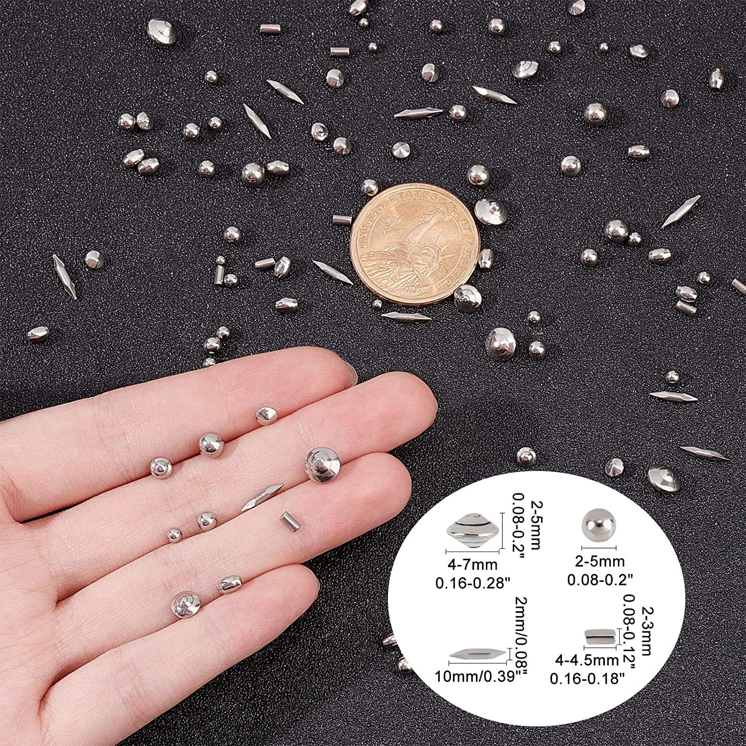 1pound 4 Shapes Stainless Steel Polished Beads Tumbling Media Pins Burnishing Media Shot for Rust Removal Rough Polishing Precsion Polishing Jewelry Polishing DIY Stainless Steel Color