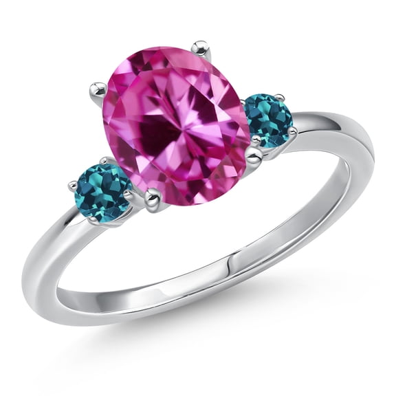 Gem Stone King 14K White Gold Pink Created Sapphire and London Blue Topaz Engagement Ring for Women | 3.51 Cttw | Oval 10X8MM | Gemstone September Birthstone | Size 9