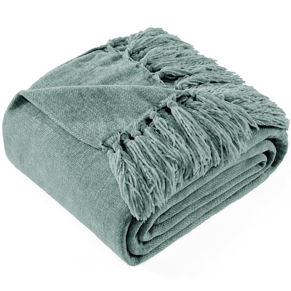 LONG CREATE Chenille Throw Blanket with Fringe Tassel for Couch Sofa Chair Bed, Sage Green 50" x 70"