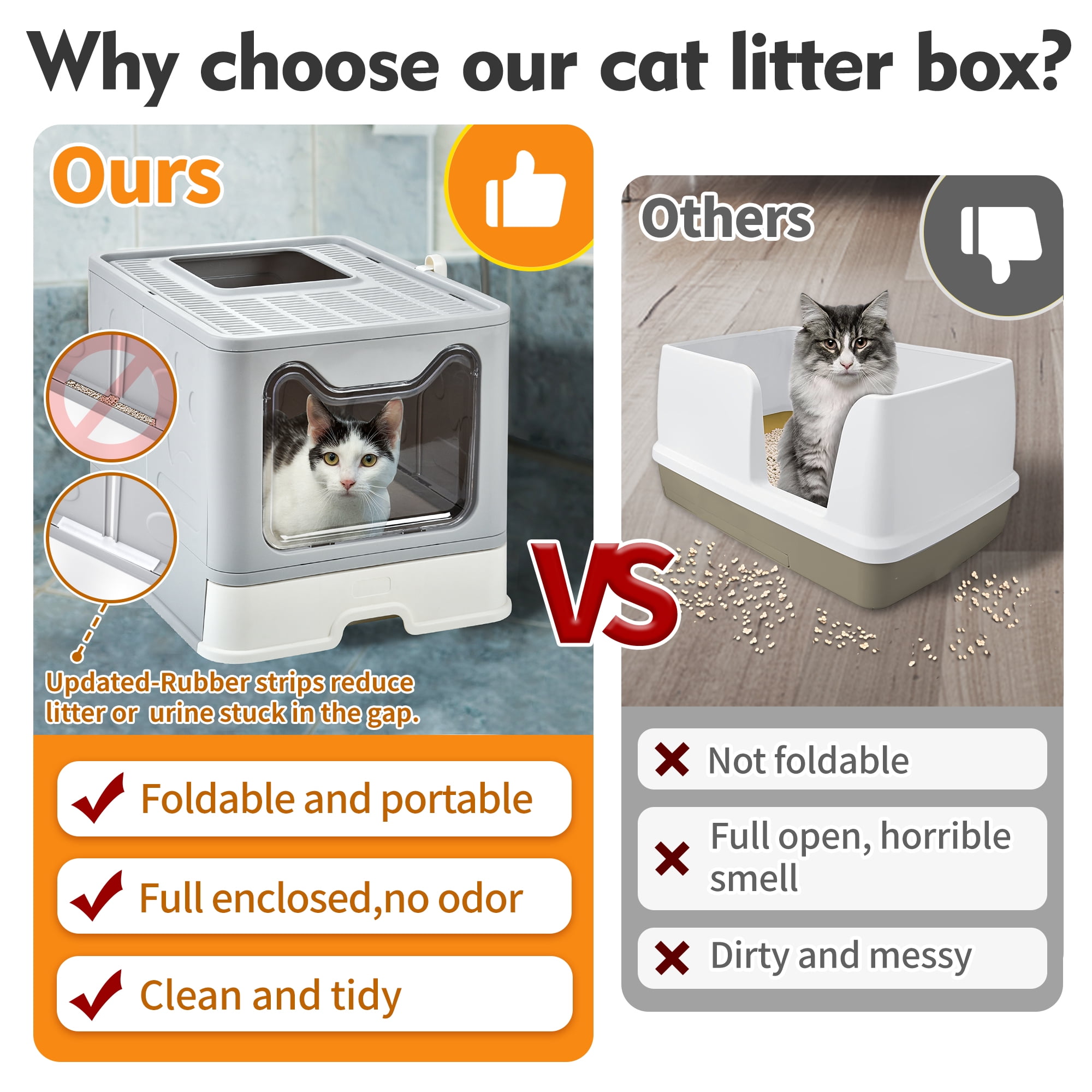 Foldable Cat Litter Box with Lid, Extra Large Covered Litter Box with Cat Litter Scoop, Drawer Type Enclosed Kitty Litter Box, Anti-Splashing Cat Litter Toilet Easy Cleaning and Scoop, Gray