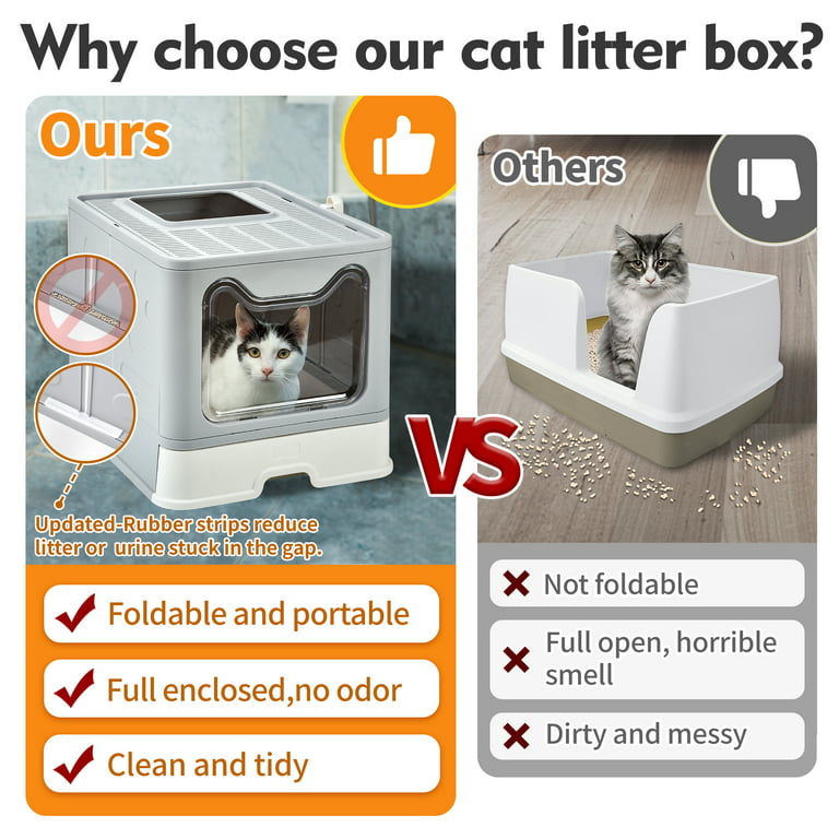 Cat Iitter Box with Iid, Enclosed Large Litter Box with Scoop, Foldable  Kitty Iitter Box for Indoor Cats,Easy Clean Litter Box(Grey)