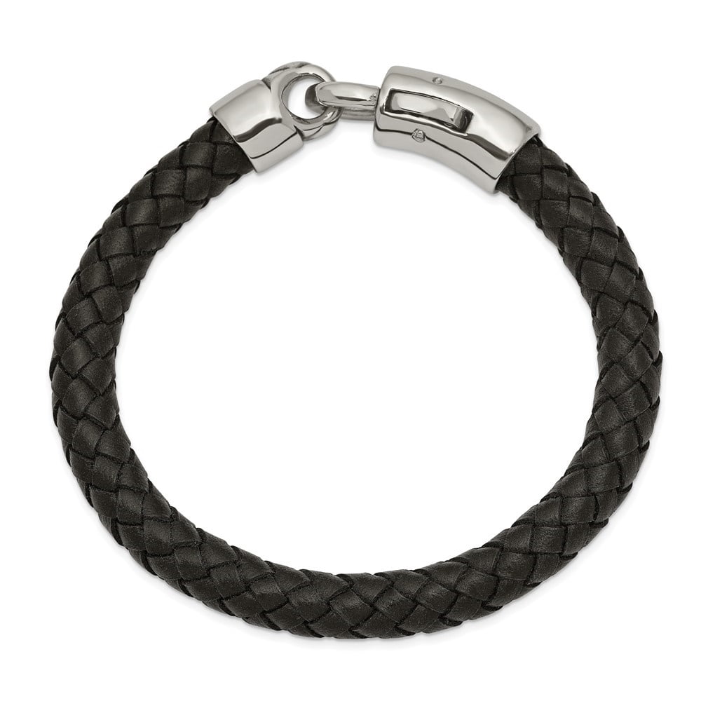 Diamond2Deal Stainless Steel Antiqued and Polished Black Braided Leather Bracelet for Men 8.25"