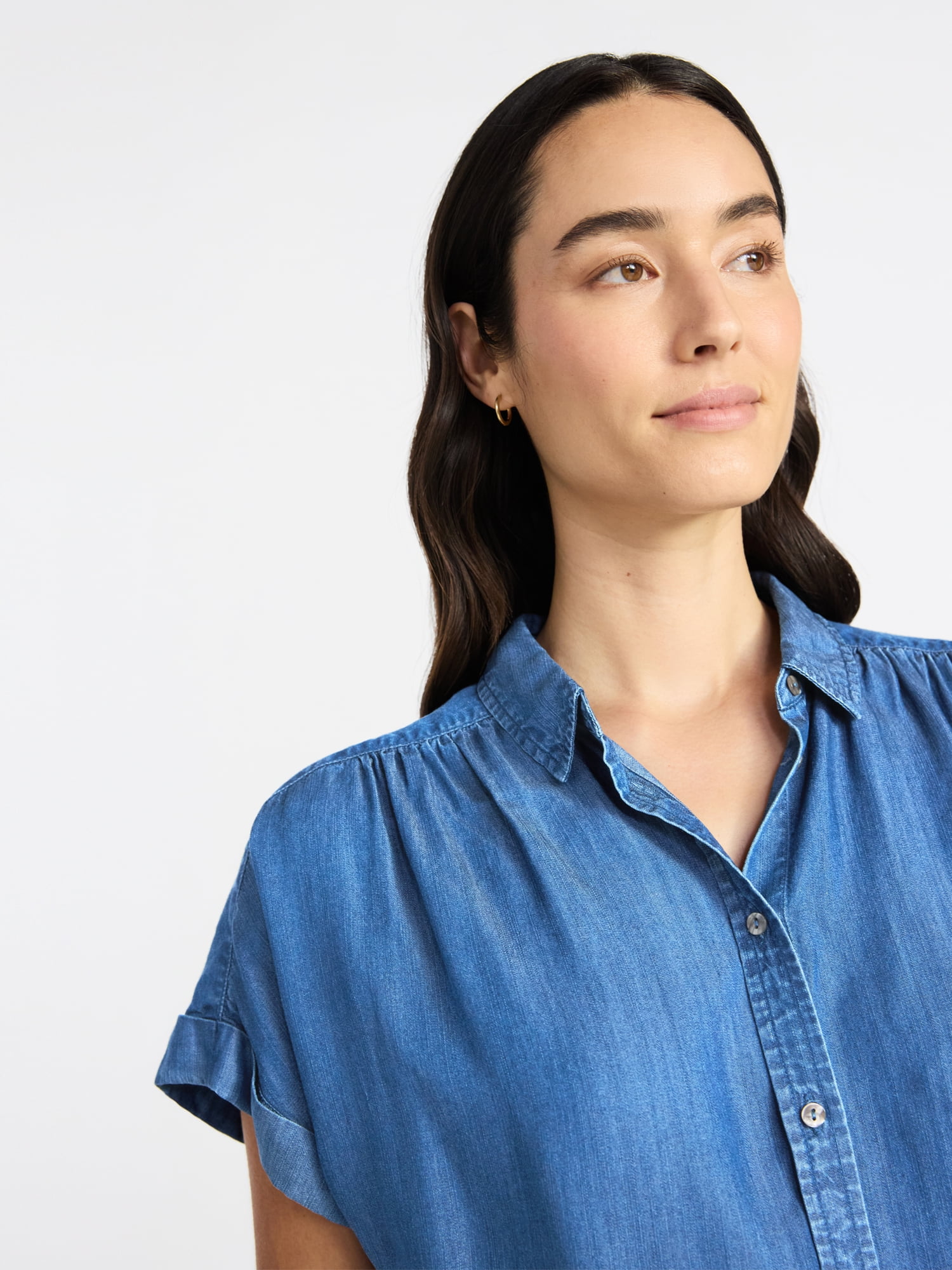 Time and Tru Women's Chambray Camp Shirt with Short Sleeves, Sizes XS-XXXL