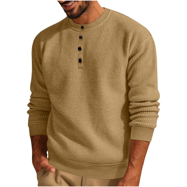 Yuyuzo Chandails en Molleton pour Hommes Manches Longues Quart Bouton Décontracté Col Rond Couleur Unie Chandail Texturé