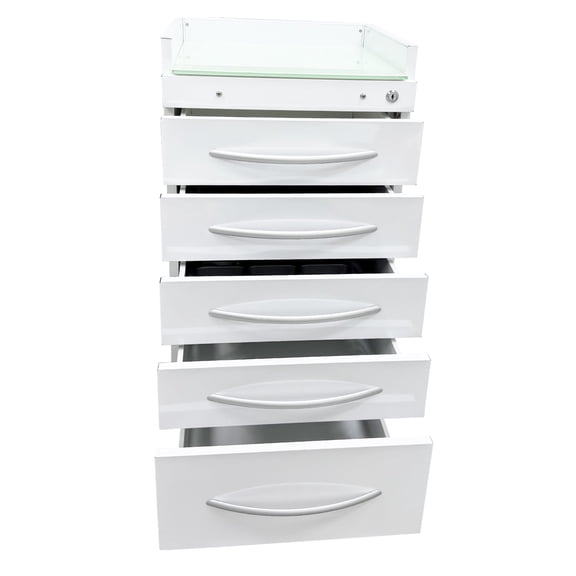 5 Drawer Dental Mobile Storage Cabinet Utility Cart Glass Countertop Cart with 2 Divider Trays