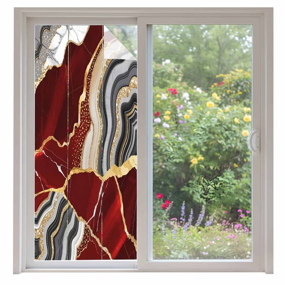 Red Marble Window Privacy Film, Grey Gold Texture Vintage Farmhouse Art Static Cling UV Sun Blocking Heat Control Window Tint Day and Night, Non-Adhesive One Way Windows Privacy Cover 35.4''x78.7''