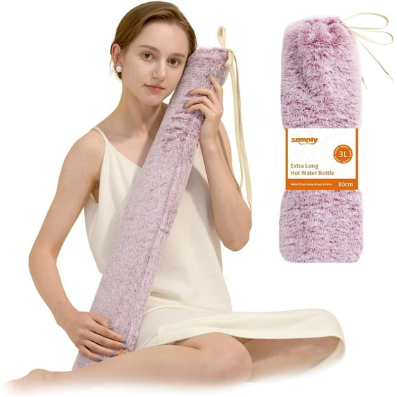 samply Long Hot Water Bottle - 3L Large Capacity, Hot Water Bag with Furry Cover, Purple