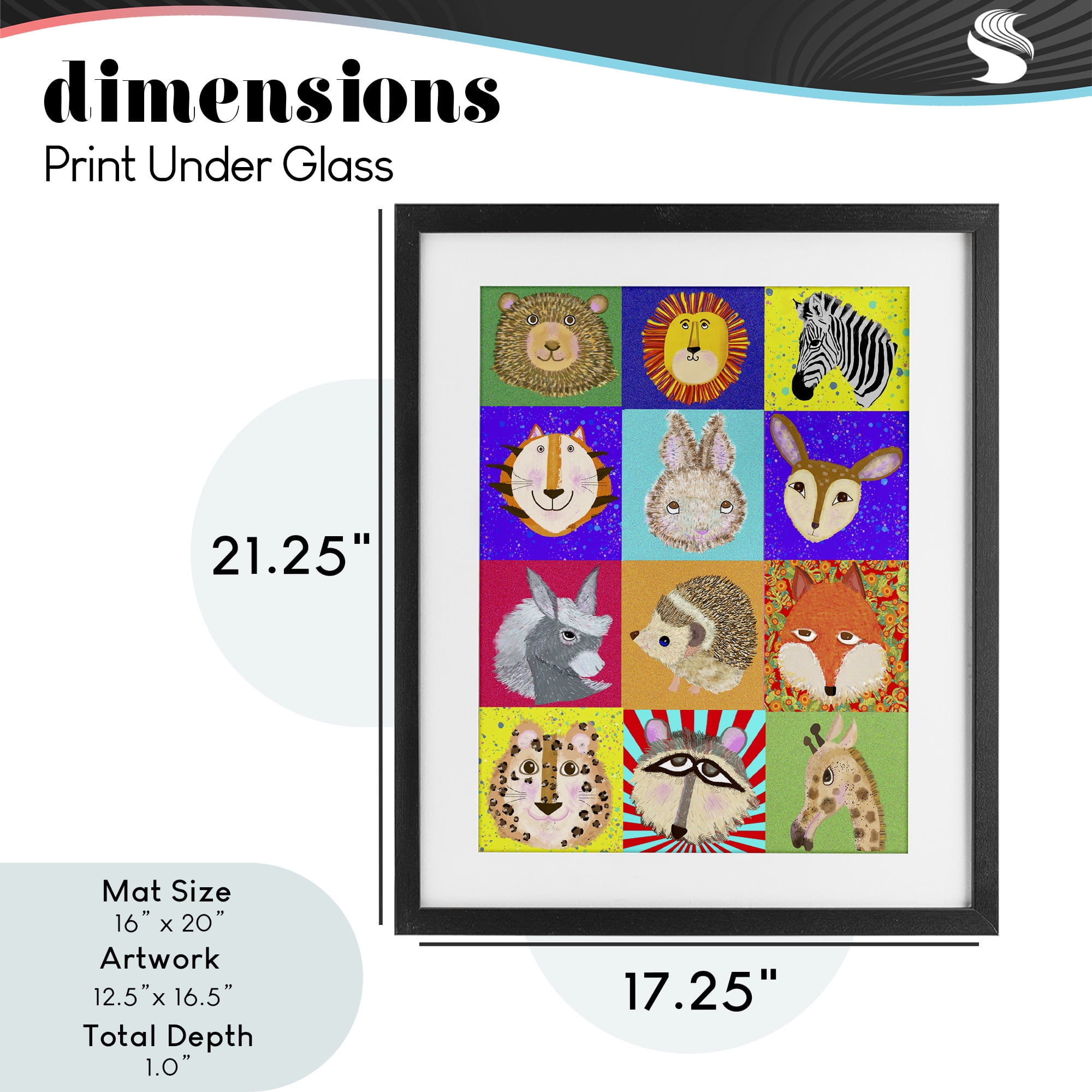 Furry Faces Animals Black Framed Print Under Glass, design by Lynnda Rakos