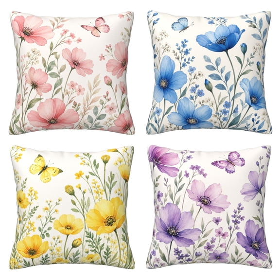 4 Pack Throw Pillow Covers 18x18 Inch, Pastel Spring Floral Decorative Pillow Cases, Soft Short Plush Square Cushion Covers for Couch Sofa, Living Room Bedroom Spring Cottage Home Decor