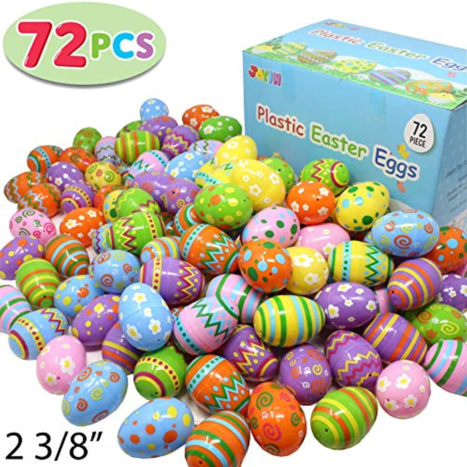 TOYIFY 72 Pcs Plastic Printed Bright Easter Eggs 2 3/8" Tall for Easter Hunt, Basket Stuffers