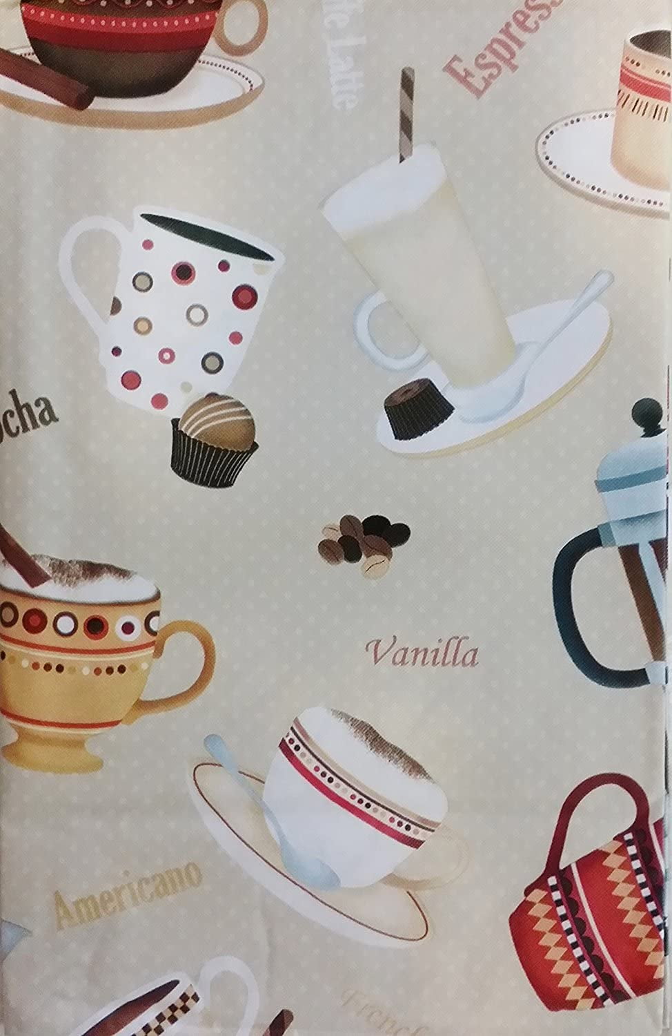 Coffee House Ensamble on Beige Vinyl Flannel Back Tablecloth (52" x 90" Oblong)