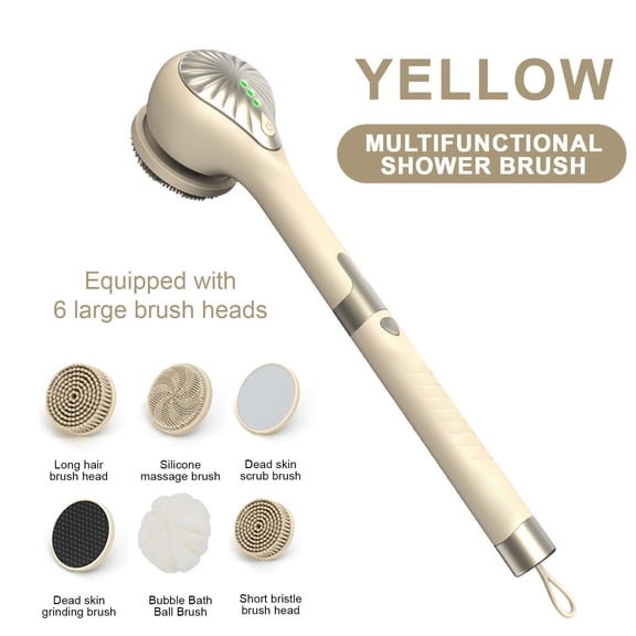 Electric Back Brush for Shower, Rechargeable Back Scrubber for Body, 5 Replaceable Brush Heads, Plastic Long Handle, Yellow