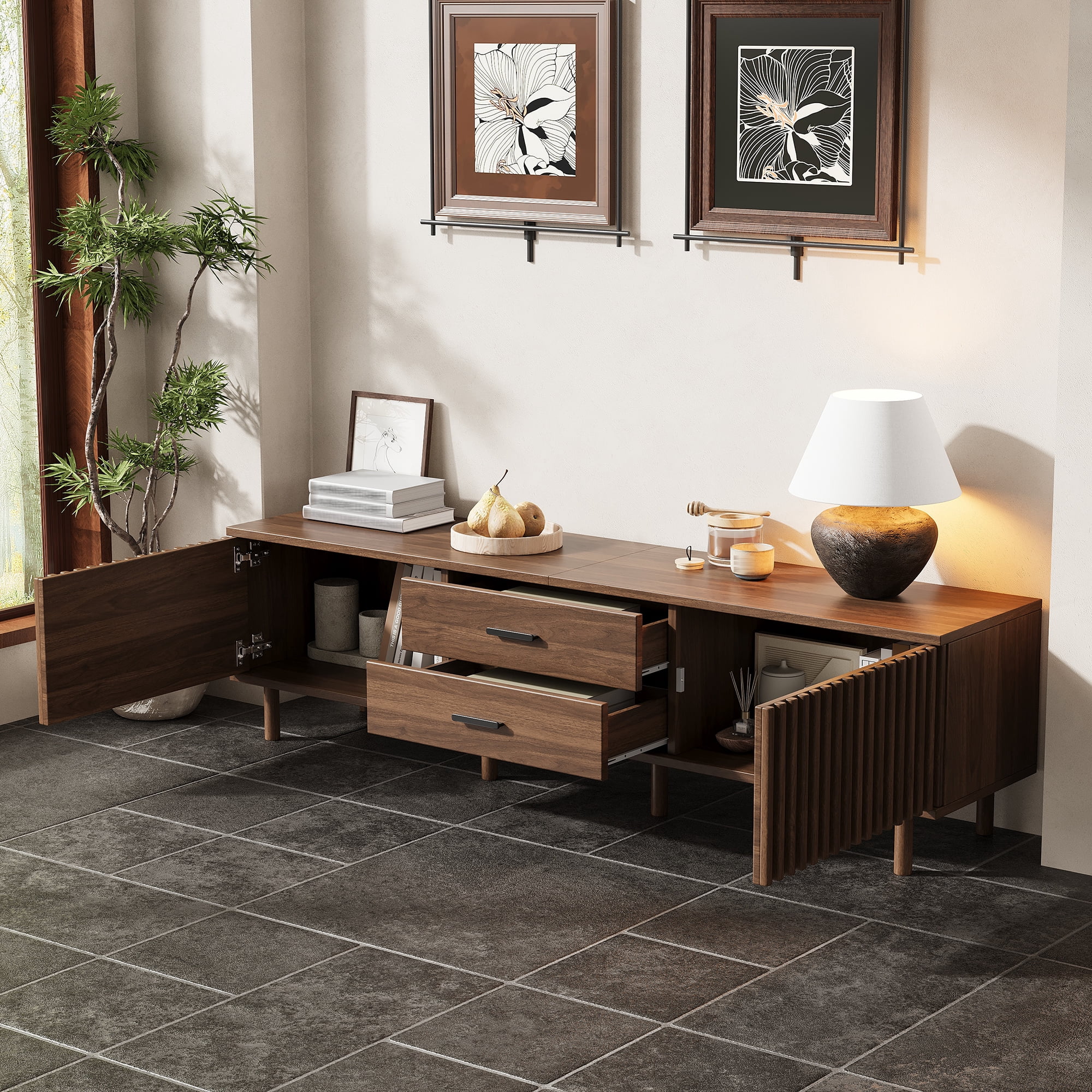 70in TV Stand for TVs up to 80 inches for Living Room, Media Entertainment Center with Ample Storage & Solid-Wood Legs