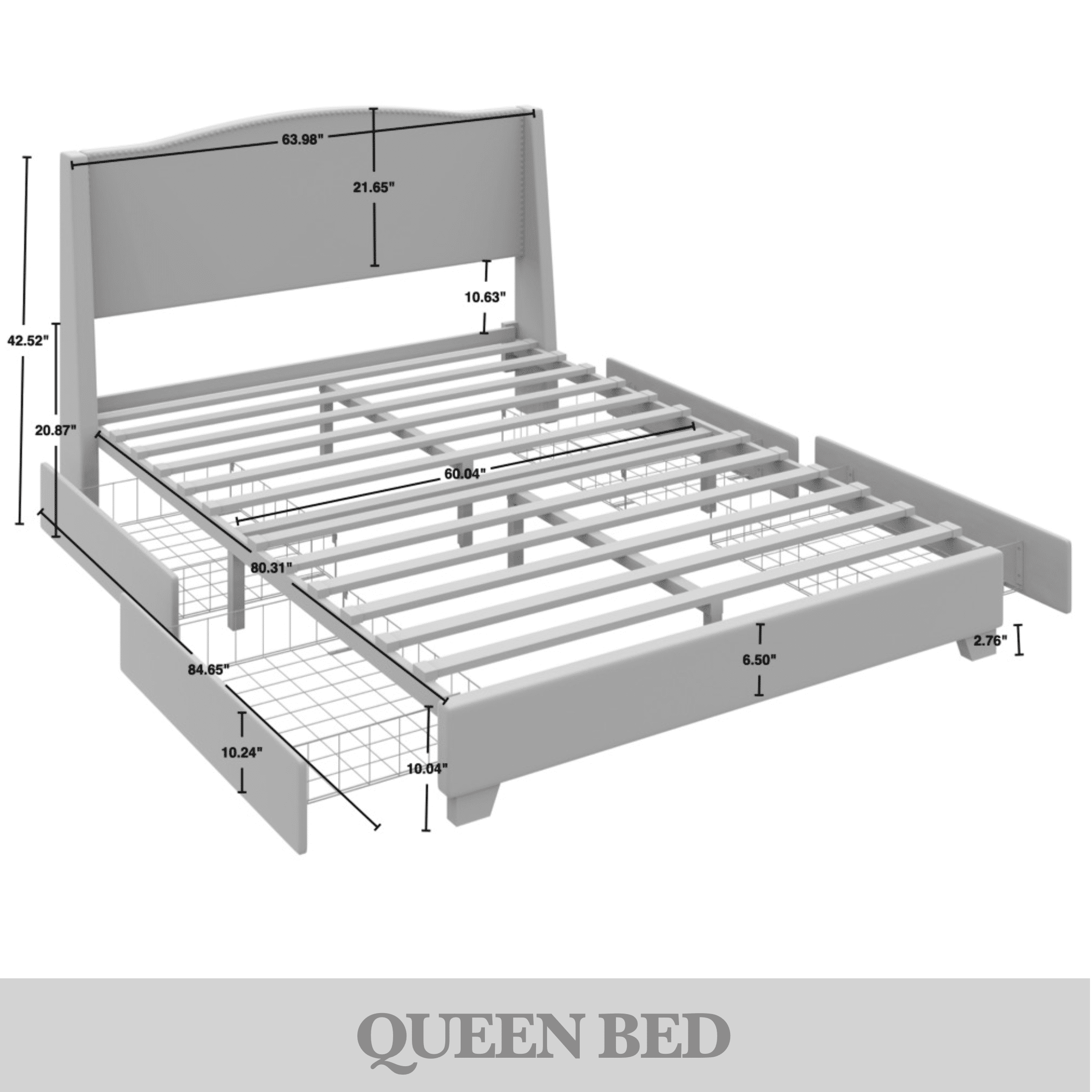 Castle Place Linen Platform Bed, Queen Size, Charcoal Grey with Storage