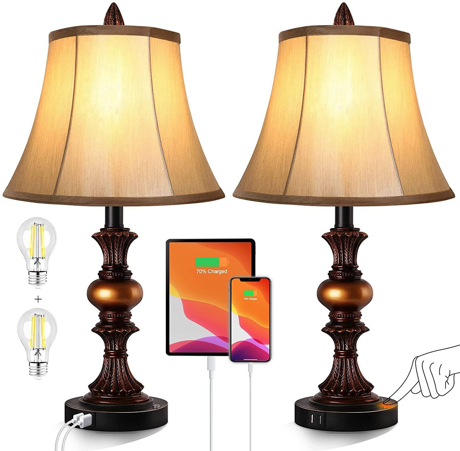 Nictiv Set of 2 Table Lamps, Bedroom Bedside Lamp with 4 USB Port Touch Control 3-Way Dimmable Nightstand Lamp Traditional Wooden Lamp Sets with 2 Free LED Bulbs