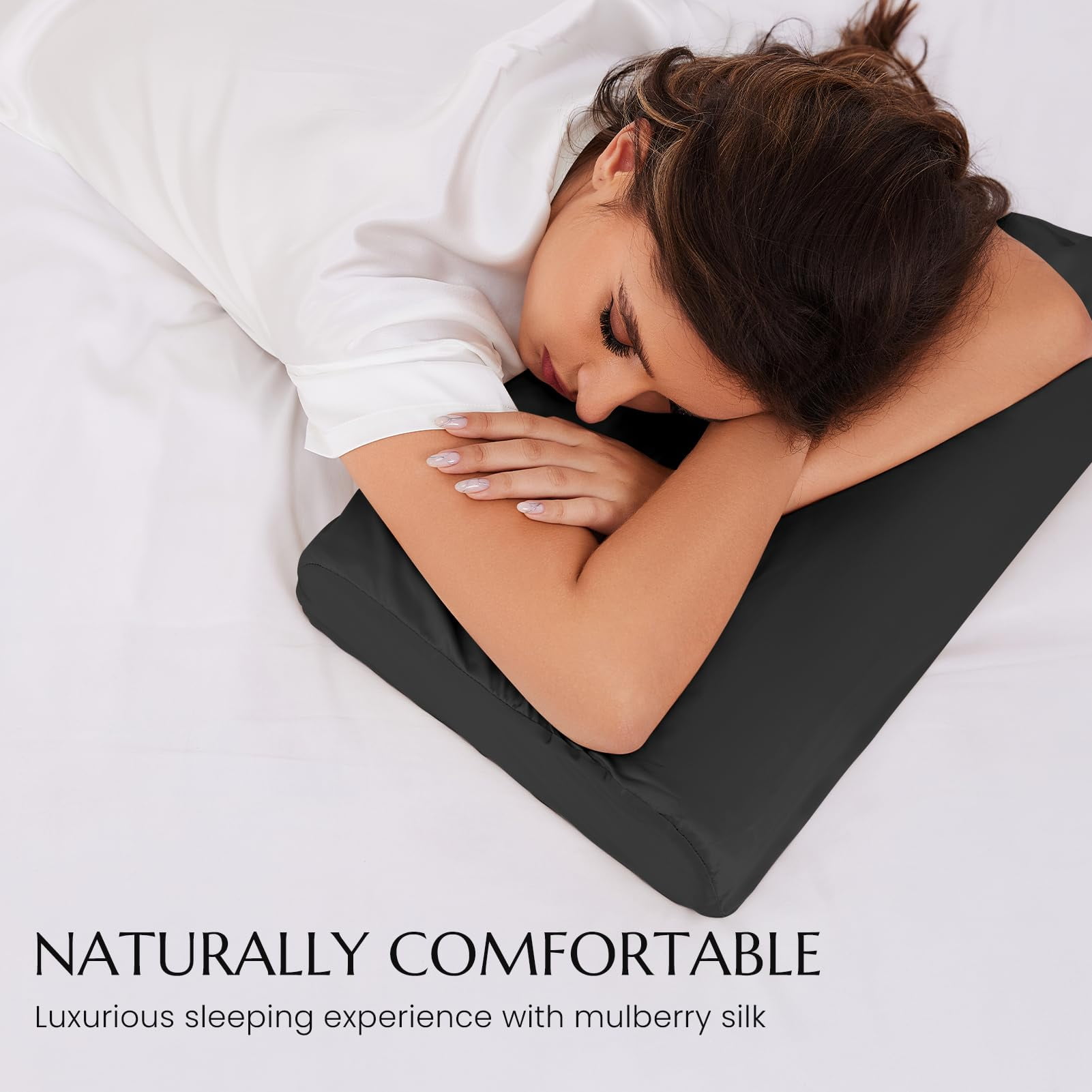 THXSILK Silk Contour Pillowcase, 19 Momme Silk Cervical Pillowcase, Neck Pillowcase, Wave Shape Pillow Case, 100% Pure Mulberry Silk, Black