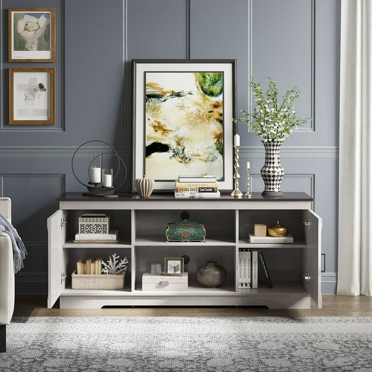 Farmhouse tv stand white with brown top discount