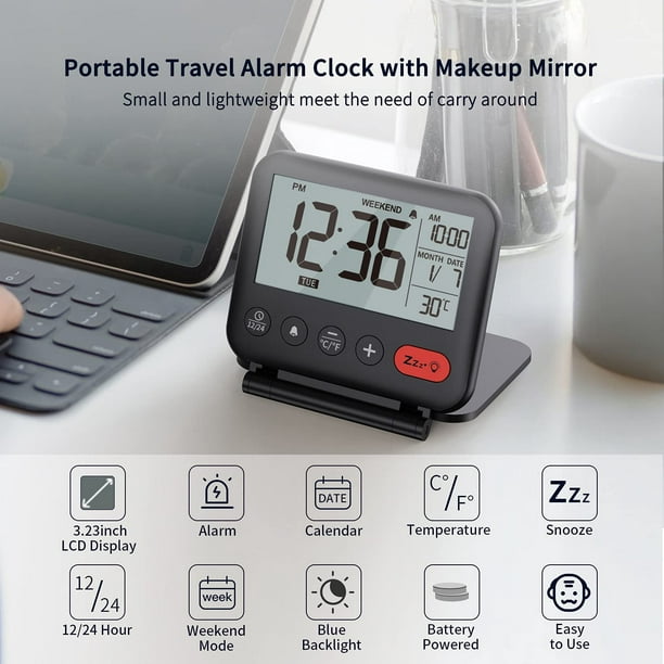 Réveil de Voyage Mini Horloge Numérique LCD Portable avec Calendrier  Rétroéclairé 12/24H Température Miroir de Maquillage Petite Horloge de  Bureau Pliable à Piles 