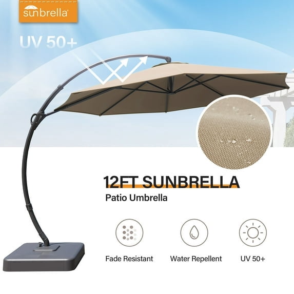 KAMEROUT 11FT Patio Umbrella with Base, Outdoor Deluxe Curvy Cantilever Umbrella for Pool Deck, Champagne