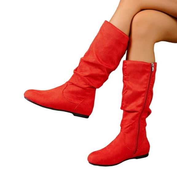 Gyexs Flat Suede Boots for Women Low Heel Mid Calf Slouchy Boots Soft Comfortable Outdoor Footwear with Side Zipper Orange & Size 6