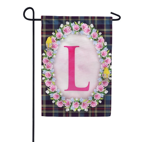 America Forever Spring Monogram Garden Flag Letter L 12.5 x 18 inches Double Sided Vertical Outdoor, Yard, Lawn, Seasonal Decorative Yellow Flowers, Pink Rose, Floral Wreath Garden Flag