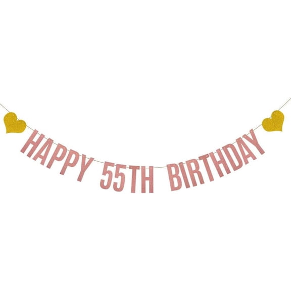 HAPPY 55TH BIRTHDAY Banner,Pre-Strung,Rose Gold Glitter Paper Garlands for Woman's 55 Years Old 55TH Birthday Party Decorations,Letters Rose Gold