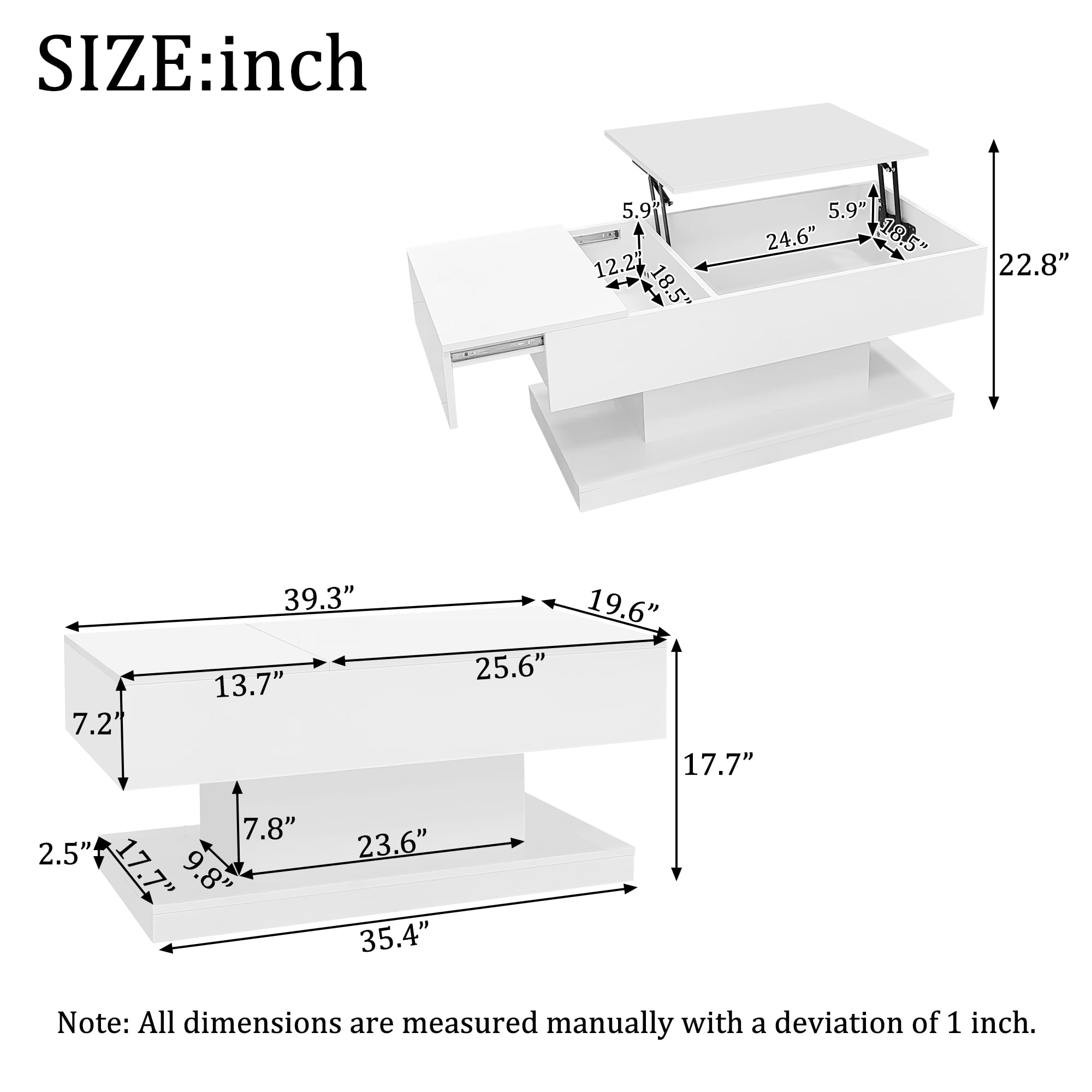 Table basse relevable Noble House, laquée brillante, éclairage DEL, plateau coulissant extensible et mécanisme de levage, blanche